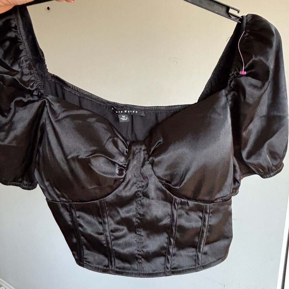 Haute Monde Black Satin Corset Puff Sleeve Crop Top Size M